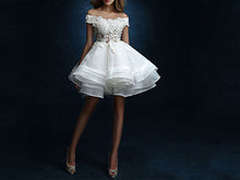 Load image into Gallery viewer, Off Shoulder Short Lace Bodice Wedding Dresses Appliqued Tutu Rehearsal Dress - promboutiqueonline