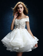 Load image into Gallery viewer, Off Shoulder Short Lace Bodice Wedding Dresses Appliqued Tutu Rehearsal Dress - promboutiqueonline