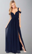 Load image into Gallery viewer, Dark Navy Flowy Chiffon Maxi Bridesmaid Dresses with Cold Shoulder - promboutiqueonline