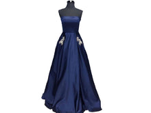 Load image into Gallery viewer, Navy Blue Strapless Satin Prom Dresses with Pockets P640 - promboutiqueonline
