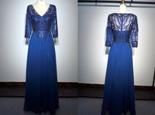 Load image into Gallery viewer, Aline Sequined Applique Long Formal Blue Mother of Bride Dress with Sleeves