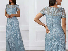 Load image into Gallery viewer, Boat Neck Floral Lace Floor Length Mother of The Bride Dress Short Sleeves
