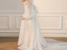 Load image into Gallery viewer, Fairy Cold Shoulder A-line Appliqued Tulle Wedding Dresses with Puffy Sleeves - promboutiqueonline