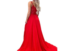 Load image into Gallery viewer, Plunging See Through Corset Blue Straps Prom Dresses Slit  P630 - promboutiqueonline