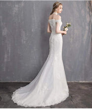 Load image into Gallery viewer, Off Shoulder Straight Neck Trumpet Wedding Dresses with Train - promboutiqueonline