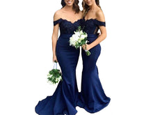 Load image into Gallery viewer, Navy Blue Off Shoulder Mermaid Bridesmaid Dresses - promboutiqueonline