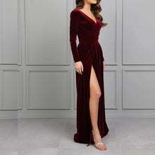 Load image into Gallery viewer, Burgundy Velvet Wrapped Bridesmaid Dresses Long Sleeves P685