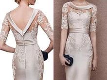 Load image into Gallery viewer, Champagne Sheath Satin Knee Length Mother of the Bride Dresses with Sleeves - promboutiqueonline