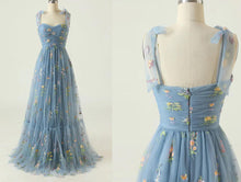Load image into Gallery viewer, Dusty Blue Embroidery Square Neck Long Ruched Prom Dress