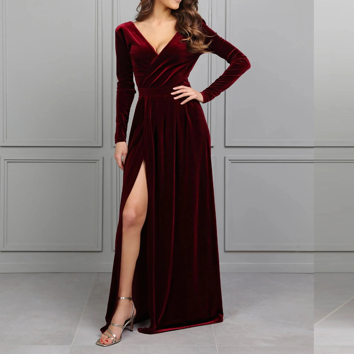 Burgundy Velvet Wrapped Bridesmaid Dresses Long Sleeves P685   promboutiqueonline