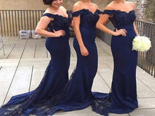 Load image into Gallery viewer, Navy Blue Off Shoulder Mermaid Bridesmaid Dresses - promboutiqueonline