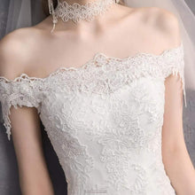 Load image into Gallery viewer, Off Shoulder Straight Neck Trumpet Wedding Dresses with Train - promboutiqueonline