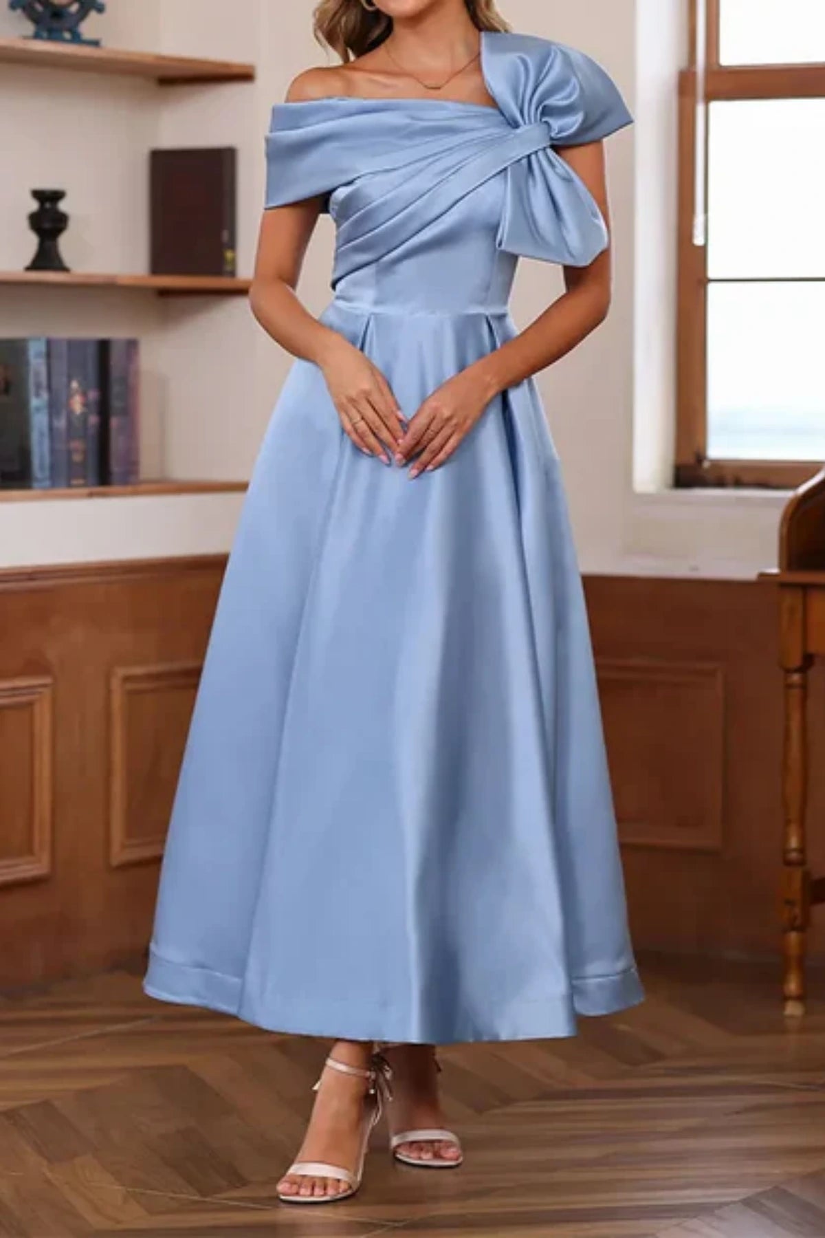 Blue Satin Off Shoulder Dress with Big Bowknot
