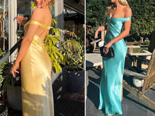 Load image into Gallery viewer, Yellow Satin Girls Sheath Prom Party Dress Off The Shoulder