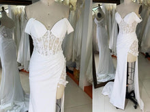 Load image into Gallery viewer, Off Shoulder Flowers Ruched Corset Wedding Dresses with Slit