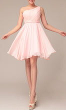 Load image into Gallery viewer, Grecian Short Braided Empire Pink One Shoulder Bridesmaid Dresses - promboutiqueonline
