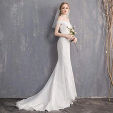 Load image into Gallery viewer, Off Shoulder Straight Neck Trumpet Wedding Dresses with Train - promboutiqueonline