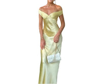 Load image into Gallery viewer, Yellow Satin Girls Sheath Prom Party Dress Off The Shoulder