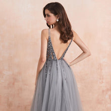 Load image into Gallery viewer, Sequined Grey V-neck Long Tulle Prom Dresses with Thigh Slit P611 - promboutiqueonline