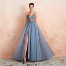 Load image into Gallery viewer, Dusty Blue Beaded See Through Long Slit Prom Dresses with Spaghetti Straps - promboutiqueonline