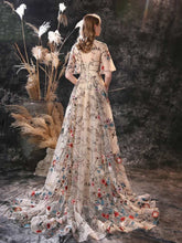 Load image into Gallery viewer, Floral Long Fairytale Tulle Prom Dresses with Half Butterfly Sleeves - promboutiqueonline
