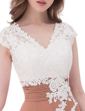 Load image into Gallery viewer, Color Block Lace and Chiffon Appliqued Mother of The Bride Dresses with Cap Sleeves - promboutiqueonline