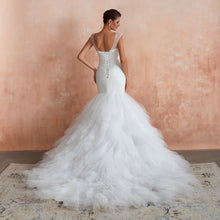 Load image into Gallery viewer, Sequined Cap Sleeves Layered Mermaid Wedding Dresses Lace Up Back - promboutiqueonline