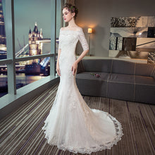 Load image into Gallery viewer, Off The Shoulder Lace Mermaid Wedding Dresses with Half Sleeves - promboutiqueonline