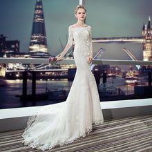 Load image into Gallery viewer, Off The Shoulder Lace Mermaid Wedding Dresses with Half Sleeves - promboutiqueonline