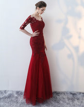 Load image into Gallery viewer, Appliqued Wine Lace Mermaid Prom Dresses Half Sleeves - promboutiqueonline