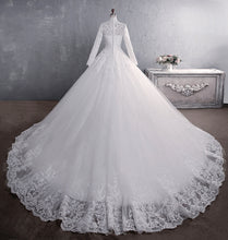 Load image into Gallery viewer, High Collar Sequined Lace Modest Long Sleeves Wedding Dresses with Buttons Back - promboutiqueonline