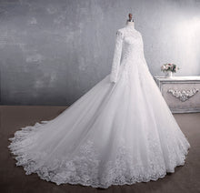 Load image into Gallery viewer, High Collar Sequined Lace Modest Long Sleeves Wedding Dresses with Buttons Back - promboutiqueonline