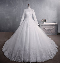 Load image into Gallery viewer, High Collar Sequined Lace Modest Long Sleeves Wedding Dresses with Buttons Back - promboutiqueonline