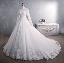 Load image into Gallery viewer, High Collar Sequined Lace Modest Long Sleeves Wedding Dresses with Buttons Back - promboutiqueonline