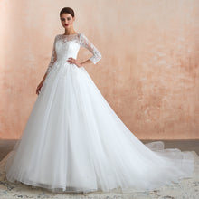 Load image into Gallery viewer, Half Sleeves White Lace Wedding Gowns with Illusion Sweetheart Neckline - promboutiqueonline