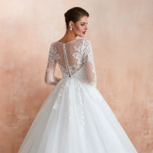 Load image into Gallery viewer, Half Sleeves White Lace Wedding Gowns with Illusion Sweetheart Neckline - promboutiqueonline