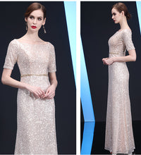 Load image into Gallery viewer, Bateau Neckline Long Fit Sequin Mother of The Bride Dresses Short Sleeves - promboutiqueonline