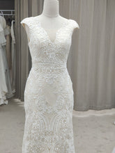 Load image into Gallery viewer, V-neck Swirl Lace Cap Sleeves Wedding Dresses with Sweep Train - promboutiqueonline