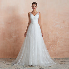 Load image into Gallery viewer, Floral Lace V-neck Traditional Wedding Gowns with Sheer Straps - promboutiqueonline