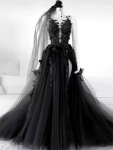 Load image into Gallery viewer, Black Tulle Gothic Wedding Dresses Sideslit with Veil Halloween Appliqued Wedding Gowns - promboutiqueonline