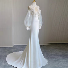 Load image into Gallery viewer, High Collar Applique Lace Satin Mermaid Wedding Dresses with Detachable Sleeves - promboutiqueonline