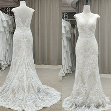 Load image into Gallery viewer, V-neck Swirl Lace Cap Sleeves Wedding Dresses with Sweep Train - promboutiqueonline