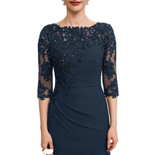 Load image into Gallery viewer, Ruched Jewel Blue Long Mother of the Bride Dress Half Sleeves