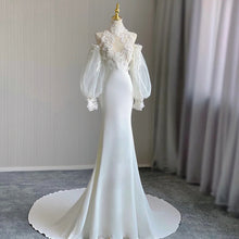 Load image into Gallery viewer, High Collar Applique Lace Satin Mermaid Wedding Dresses with Detachable Sleeves - promboutiqueonline