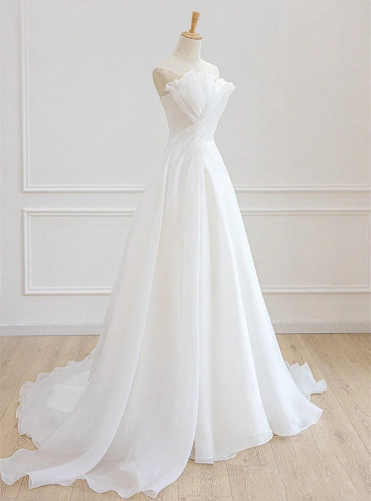Draped Asymmetric Neckline Wedding Dress A-Line with Sweep Train for Petite Brides - Promboutiqueonline promboutiqueonline Draped Asymmetric Neckline Wedding Dress A-Line with Sweep Train for Petite Brides - Promboutiqueonline promboutiqueonline