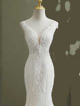 Load image into Gallery viewer, Sheer V-neck Long Floral Lace Mermaid Wedding Dresses - promboutiqueonline