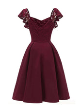 Load image into Gallery viewer, 1950s Wine Midi Length Lace and Satin Party Prom Dresses Short Butterfly Sleeves - promboutiqueonline