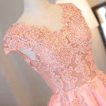 Load image into Gallery viewer, Rose Pink Appliqued Sheer Prom Ball Gowns Dress with Cap Sleeves - promboutiqueonline