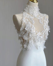 Load image into Gallery viewer, High Collar Applique Lace Satin Mermaid Wedding Dresses with Detachable Sleeves - promboutiqueonline