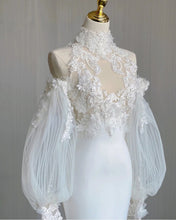Load image into Gallery viewer, High Collar Applique Lace Satin Mermaid Wedding Dresses with Detachable Sleeves - promboutiqueonline